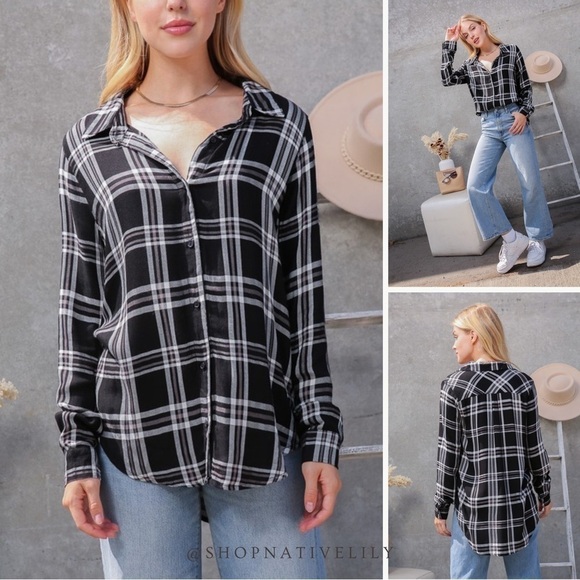 NWT Timing Women’s Plaid Long Sleeve Button Down Shirt Sz Medium, Black & White - Picture 2 of 9